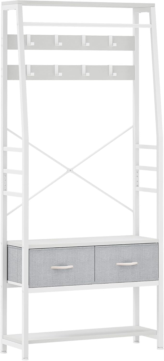 White Hall Tree Coat Rack with Bench | Metal Frame Shoe Storage & Drawers Stand