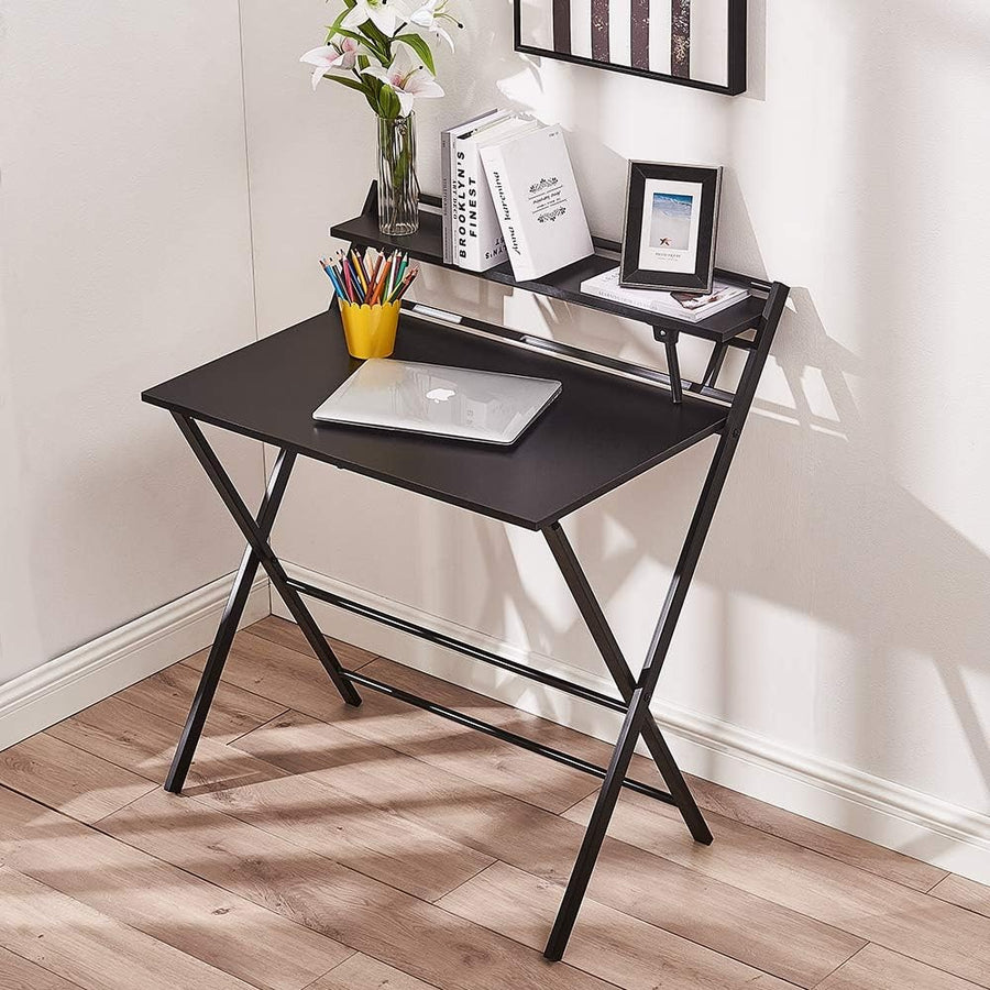 Folding Computer Desk Black Laptop Study Table with Shelf Compact Home Office