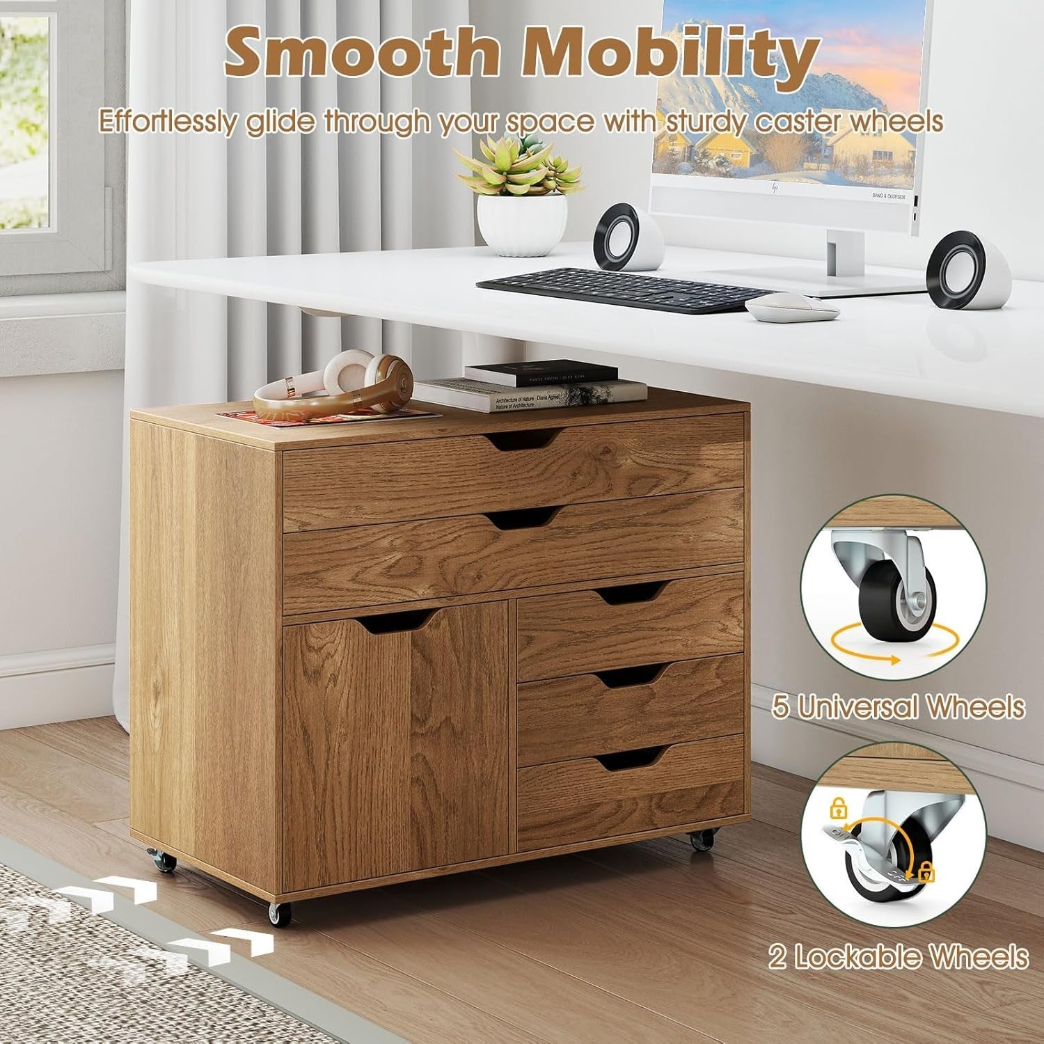 Natural Mobile File Cabinet 5 Drawer Side Cupboard Rolling Printer Stand