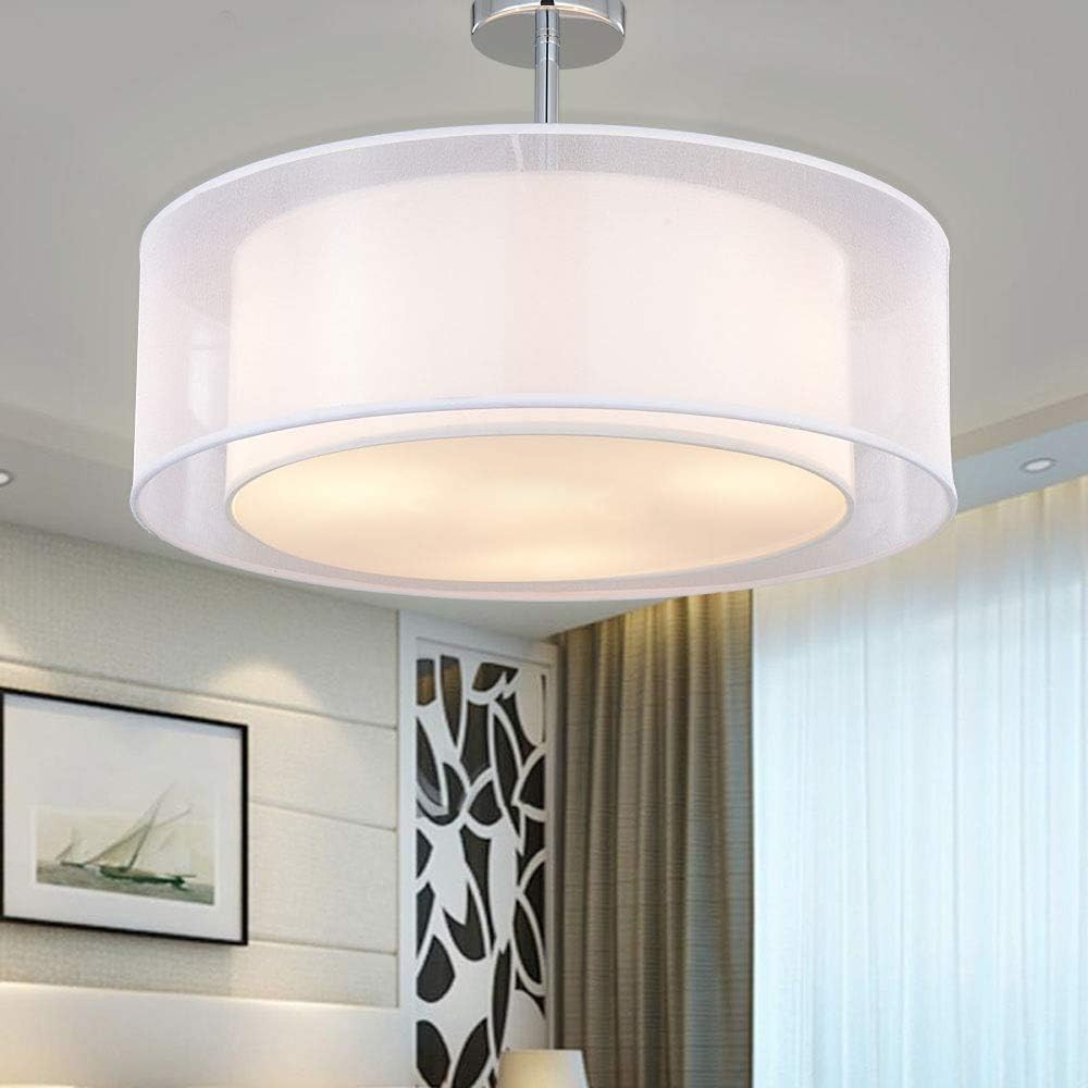 Modern White Drum Ceiling Light 3 Bulb Fabric Pendant Flush Mount