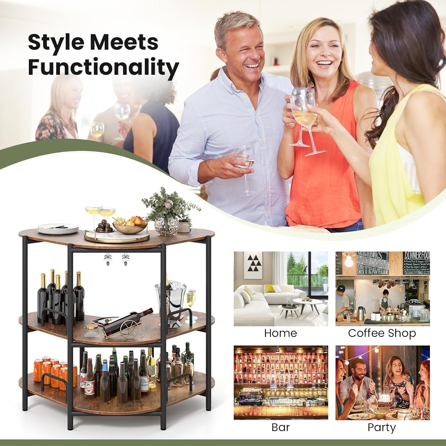 Rustic 3-Tier Wine Bar Cabinet with Glass Holder Freestanding Drinks Storage