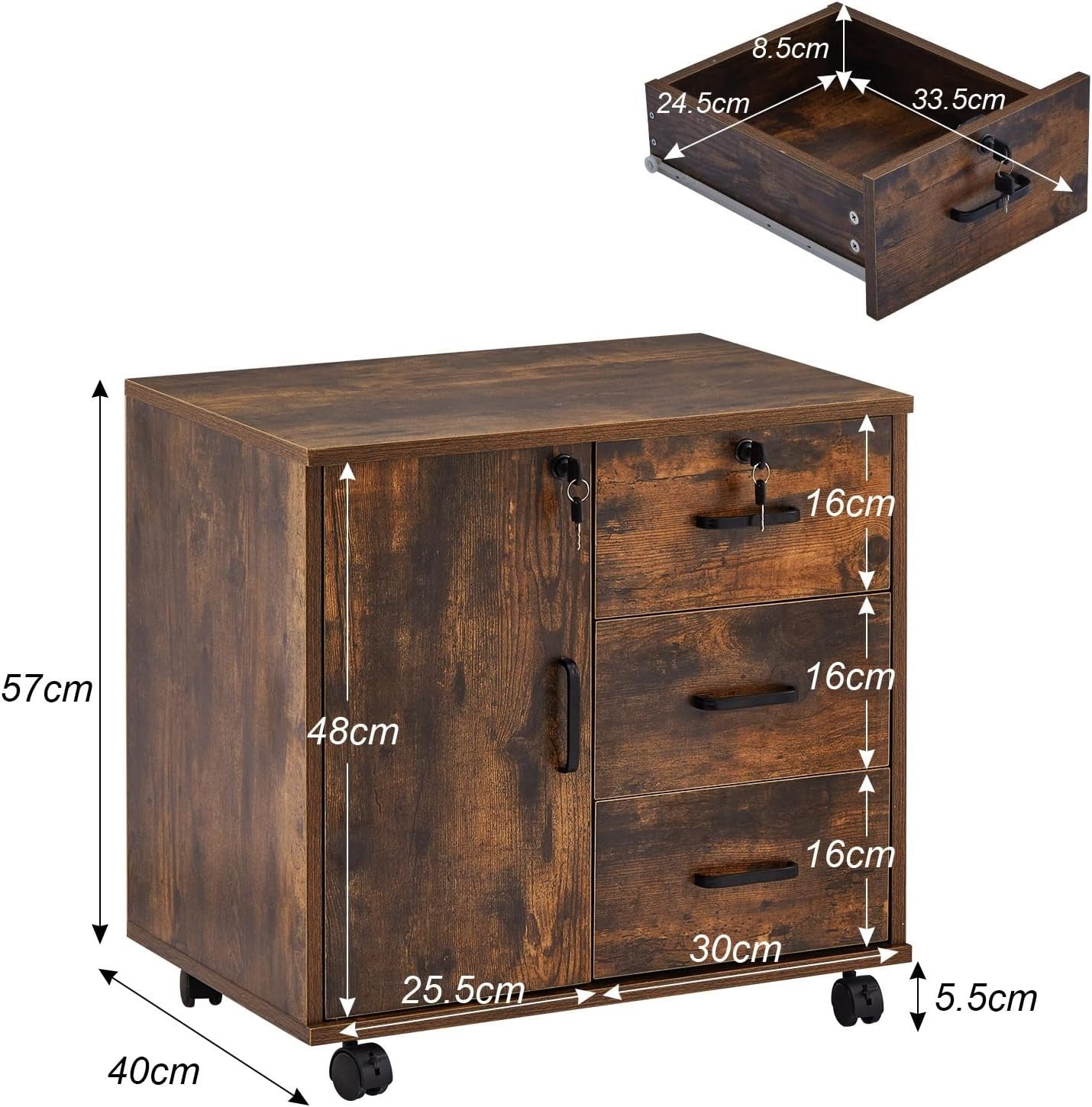 Brown Mobile File Cabinet 60cm Lockable Printer Stand Storage