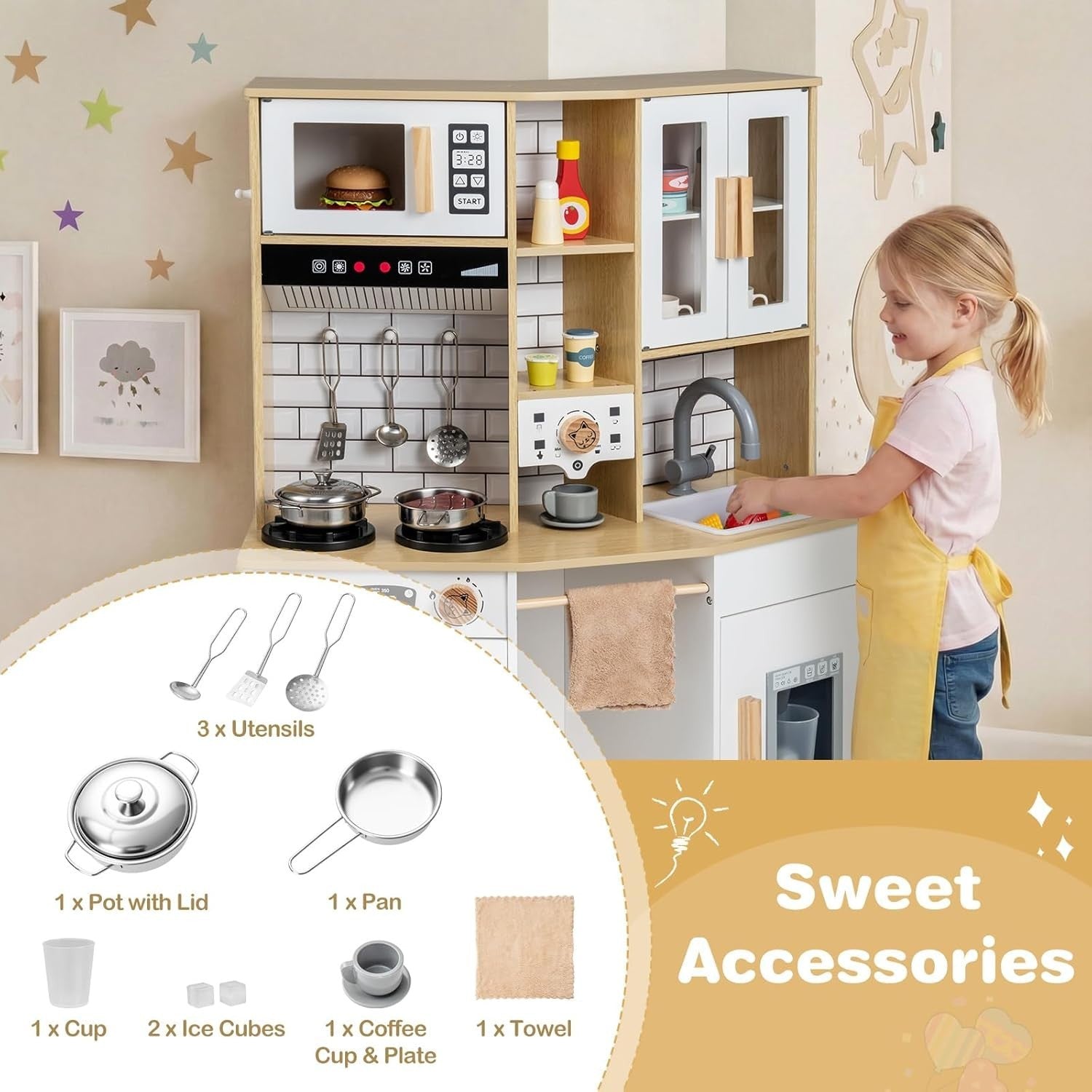 Wooden Kids Play Kitchen Lights Sounds Coffee Maker Ice Machine