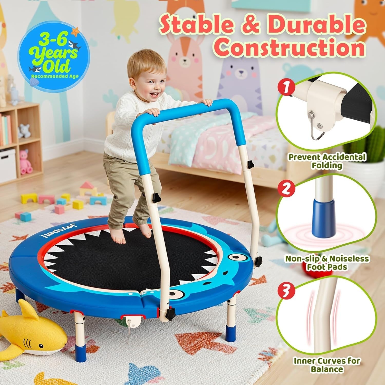3ft Kids Trampoline Shark Design Foldable Toddler Jumper 100LB