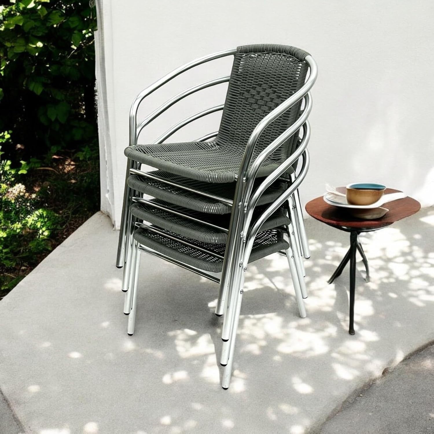 Stackable Rattan Bistro Chair Grey Aluminium Frame Lightweight Patio Seating