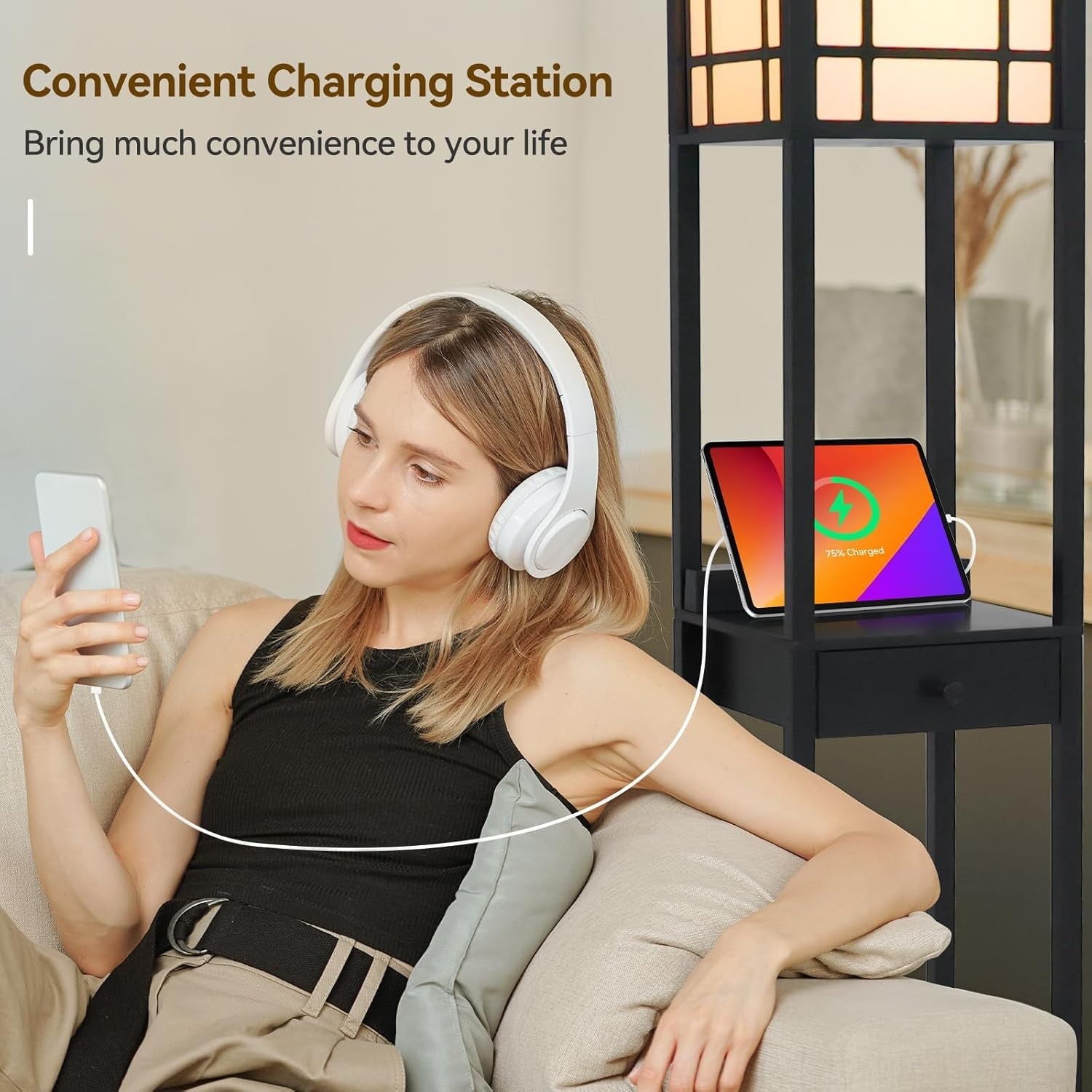 Floor Lamp with Shelves USB Charging Storage Drawer Modern Standing Light
