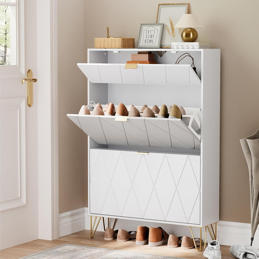 White Tilting Shoe Cabinet 3 Compartments Hidden Shelf Storage 80x24x120cm