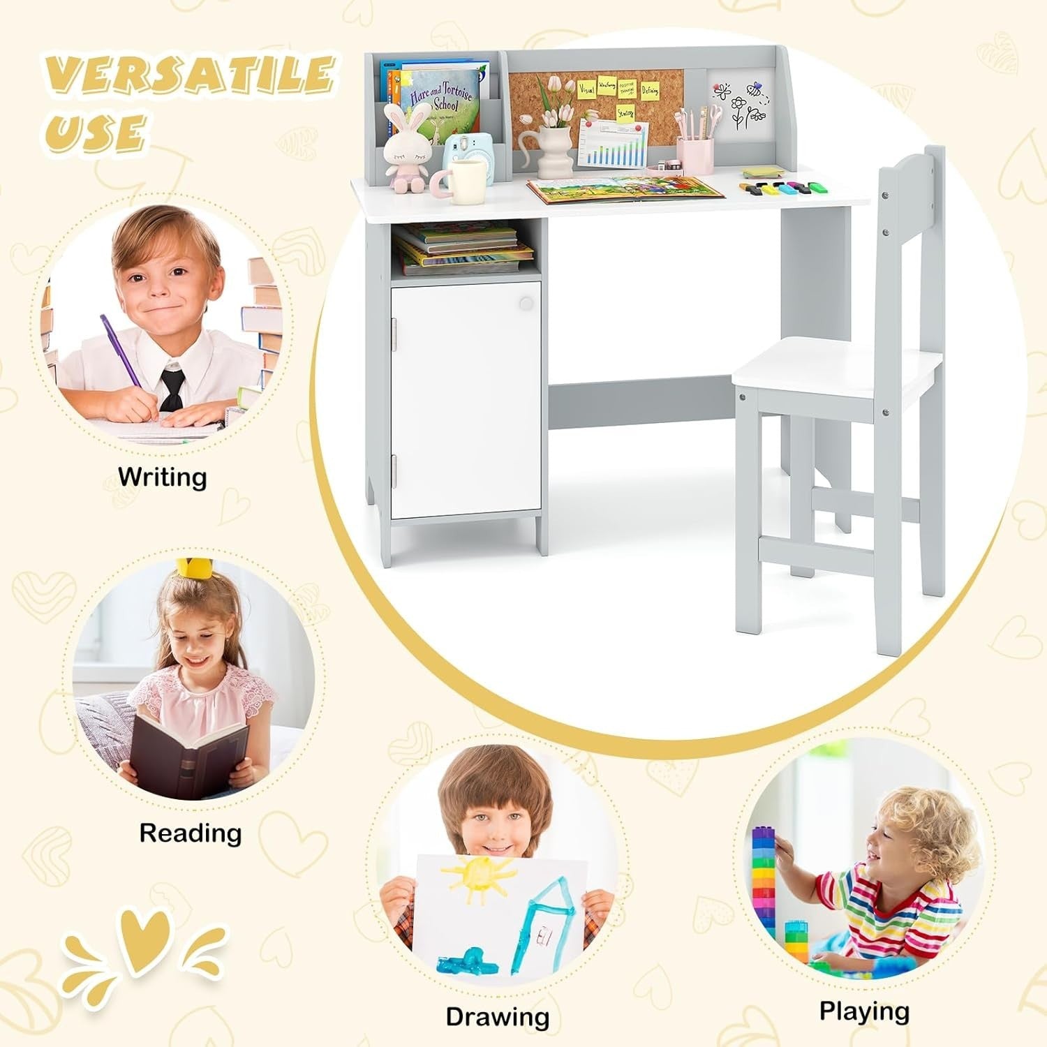 Kids Study Desk & Chair Set with Storage, Cork Board, Ergonomic Comfort