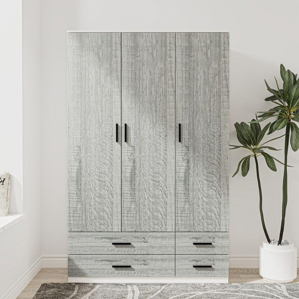 Ash Grey & White Wardrobe 3 Door 4 Drawer Modern Bedroom Storage Cupboard