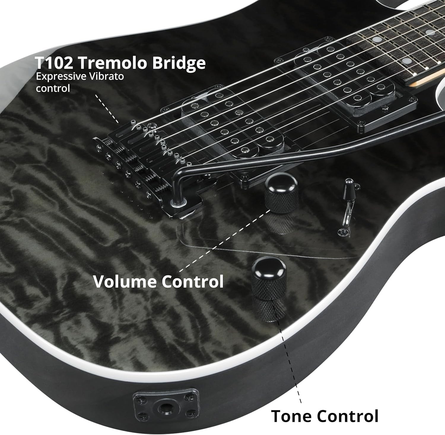 Electric Guitar RG Style Quilted Top HH Tremolo Black 6 String