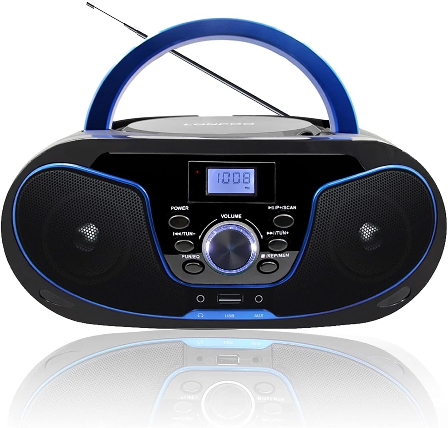 Portable Boombox CD Player Bluetooth FM Radio USB AUX Stereo Blue