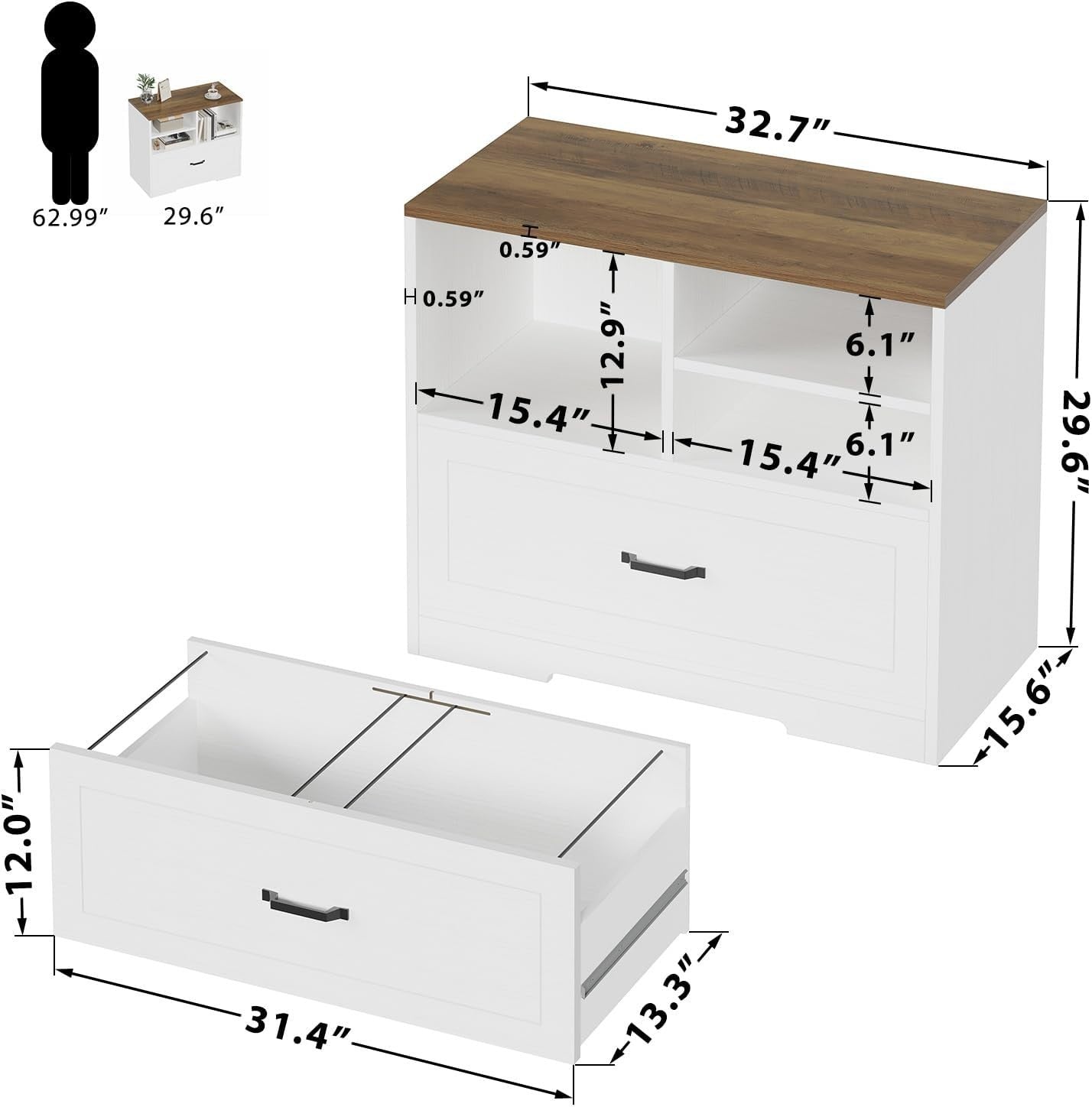 White Oak File Cabinet 83cm Farmhouse Lateral Drawer Printer Stand