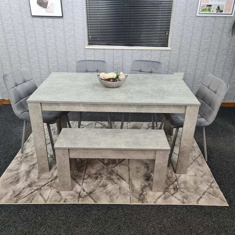 Grey MDF Dining Table Set with 4 Padded Chairs & Bench for Kitchen Room