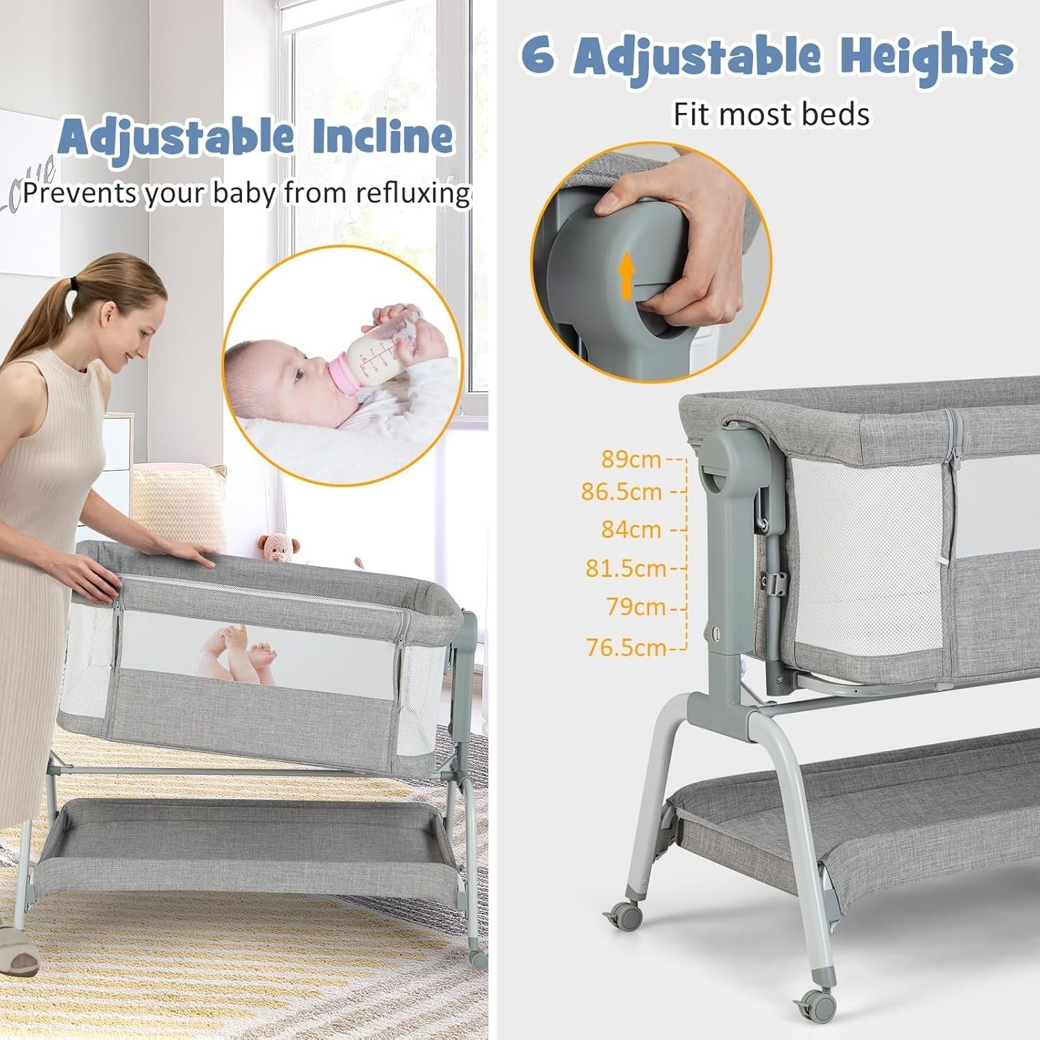 4in1 Baby Bedside Crib Adjustable Rocking Bassinet with Mattress & Storage