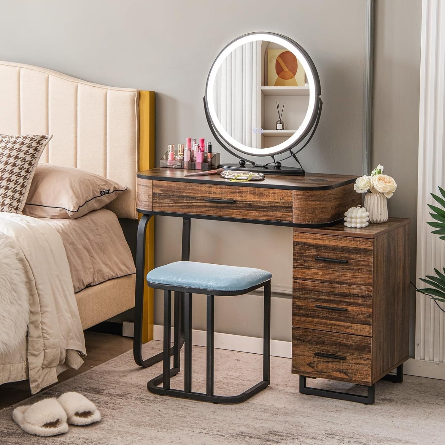 Vanity Makeup Dressing Table Stool Set LED Lighted Mirror Wireless Charger Brown