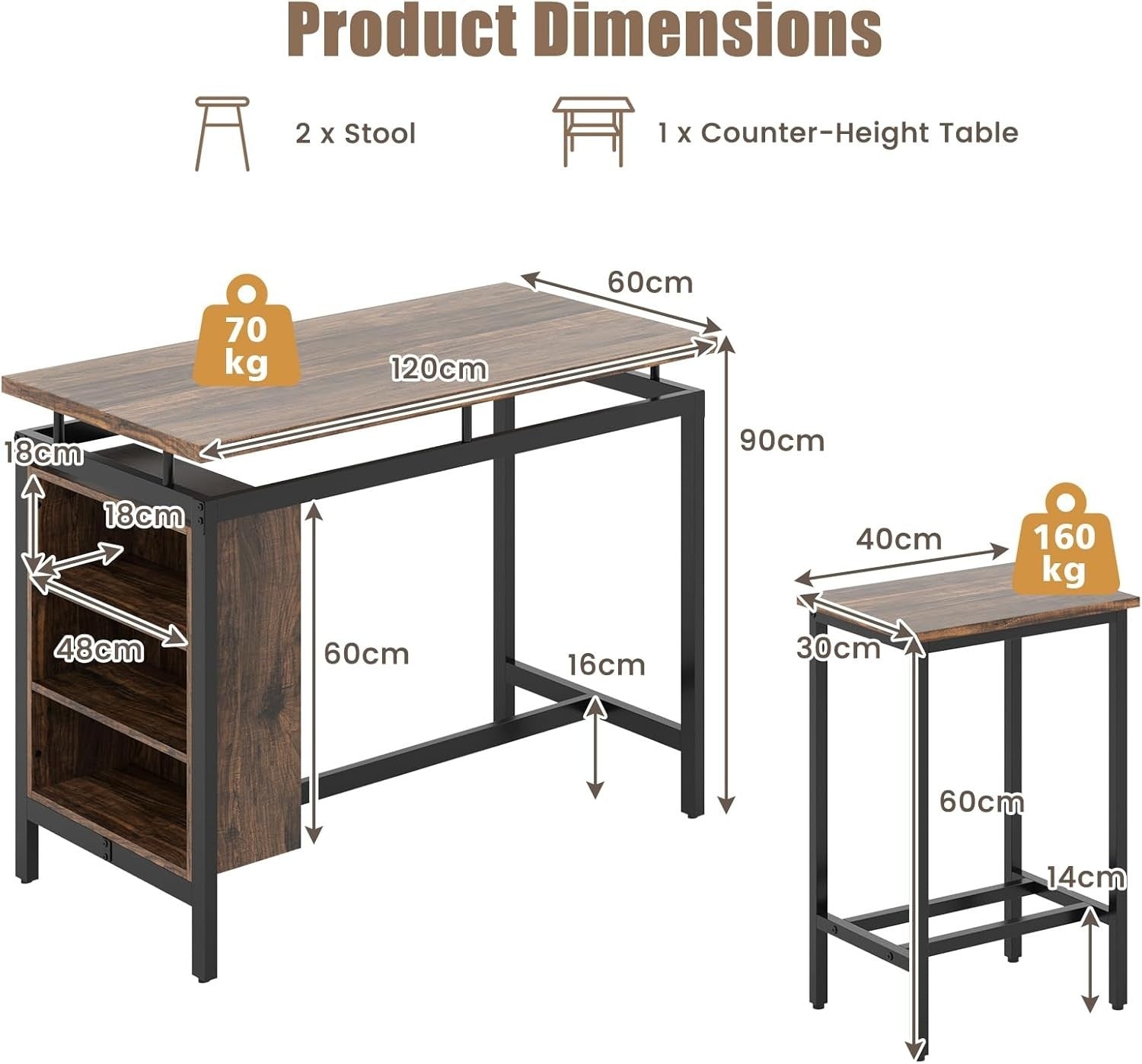 3PCS Brown+Black Dining Table Set with Stools, Space-Saving Bar Table Furniture