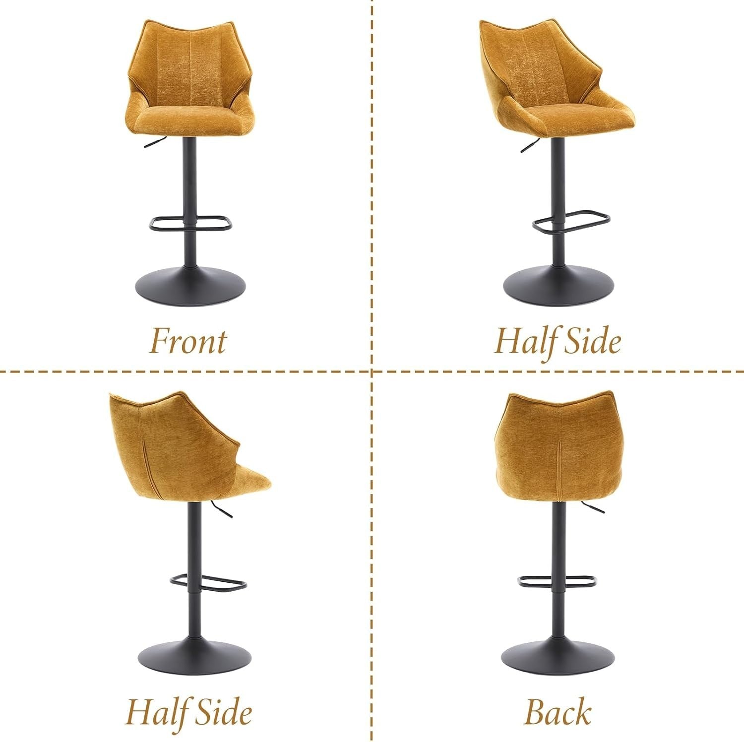 Yellow Chenille Bar Stool Set of 2 Adjustable Swivel Kitchen Counter Chairs