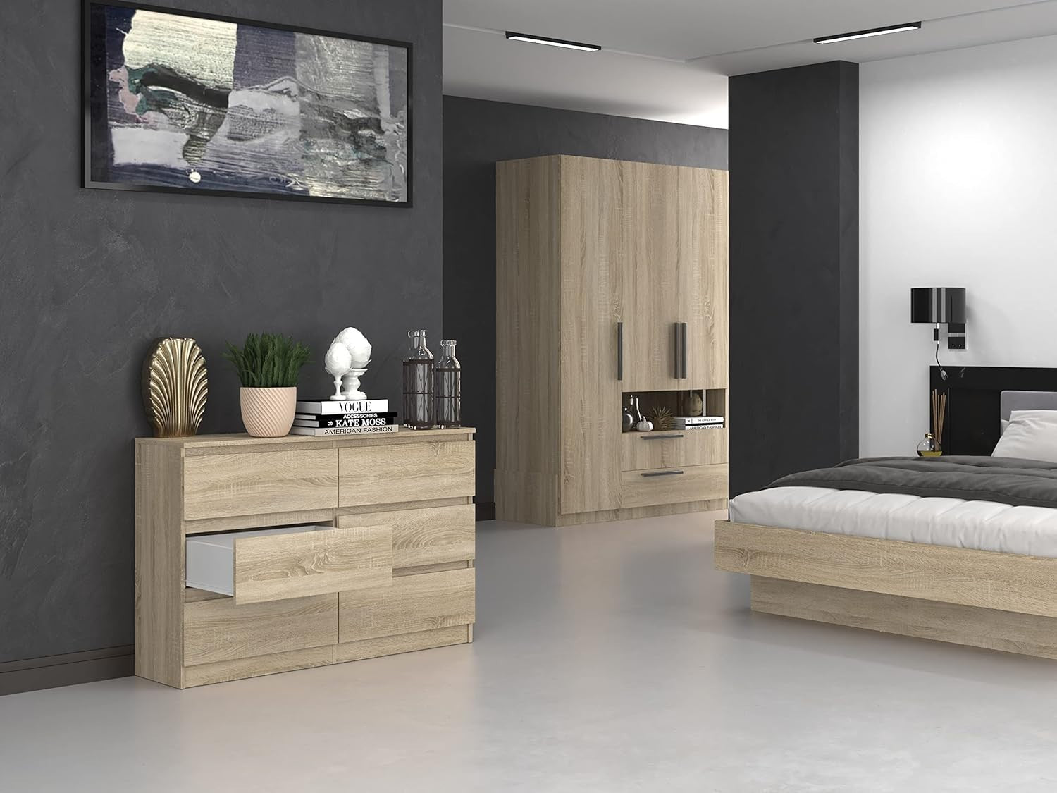 Modern 6-Drawer Sonoma Oak Dresser Chest – Smooth Glide, Space-Saving Storage