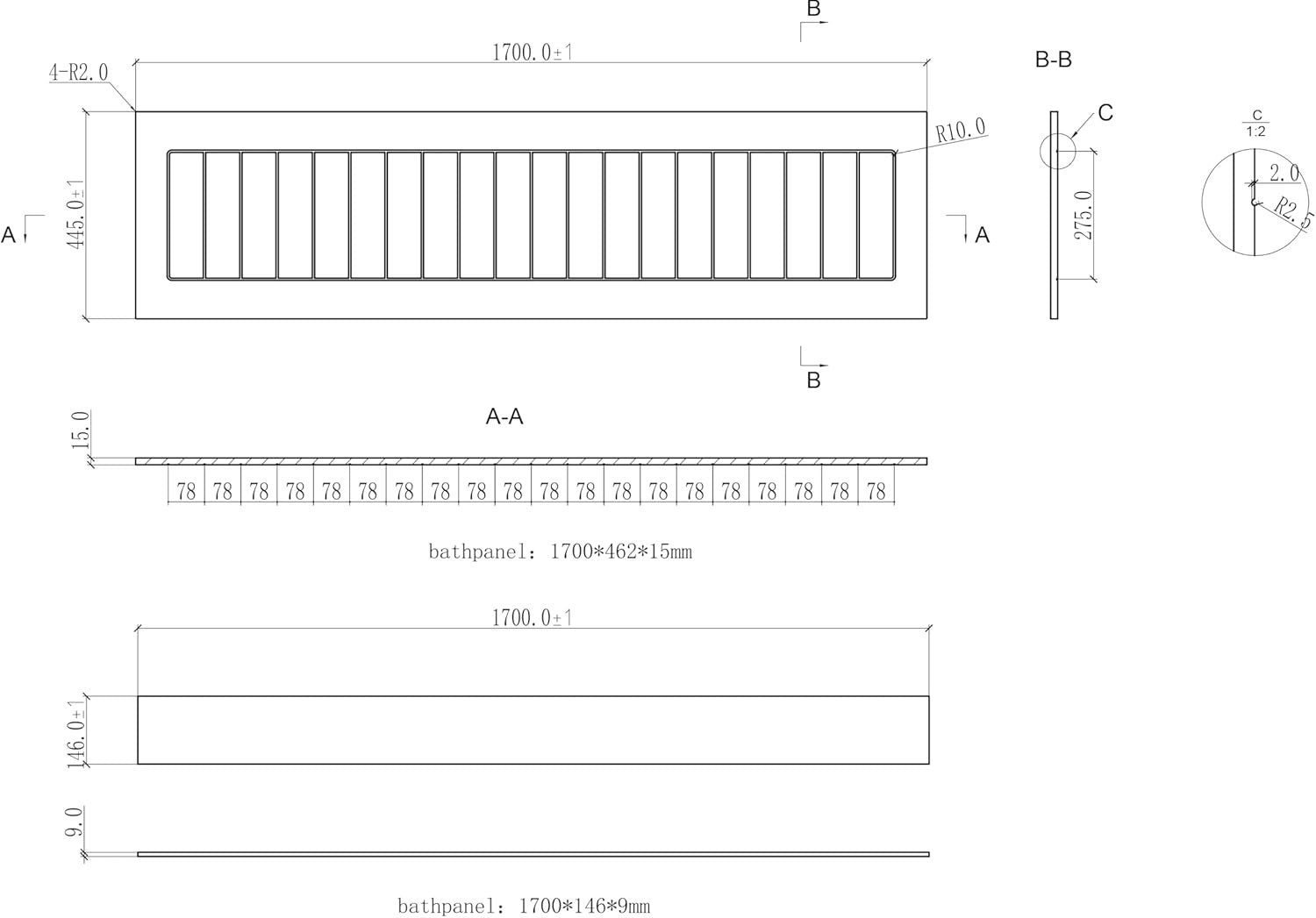 1700mm Grey Gloss MDF Front Bath Panel Tongue & Groove with Adjustable Plinth