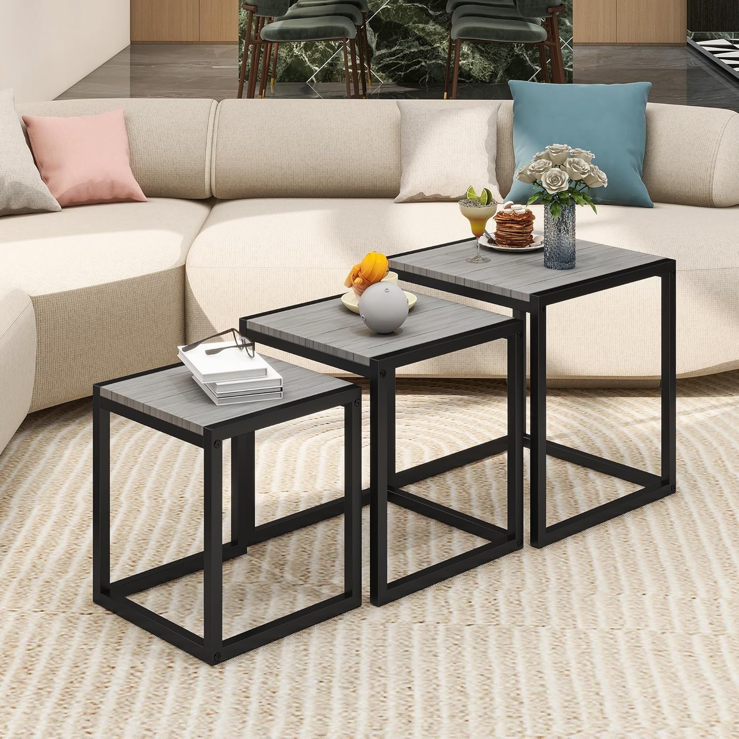 3 Nesting Coffee Tables Set Wood Metal Grey Round Side End Modern Living Room