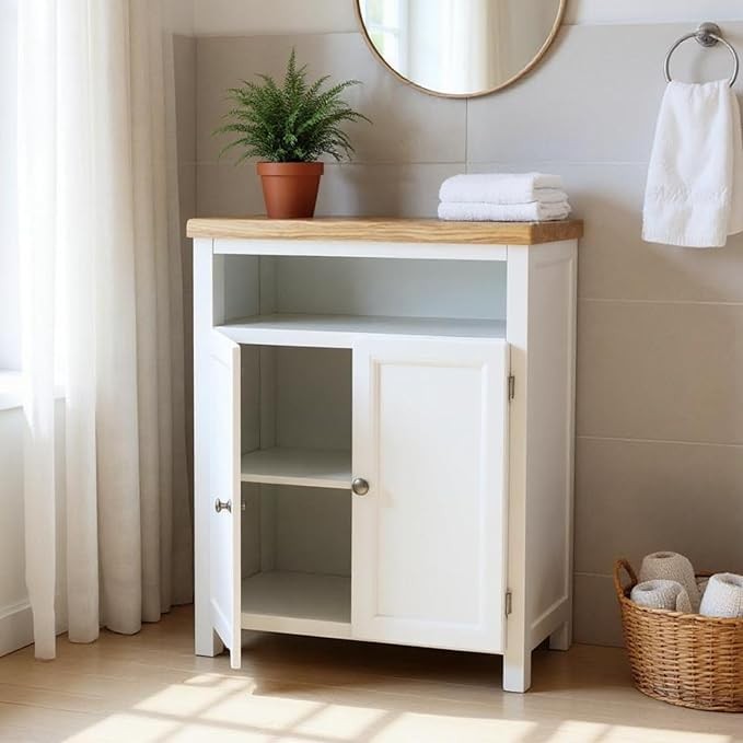 White Oak Storage Cabinet with Cupboard & Shelf 64x40x88cm Hallway Unit