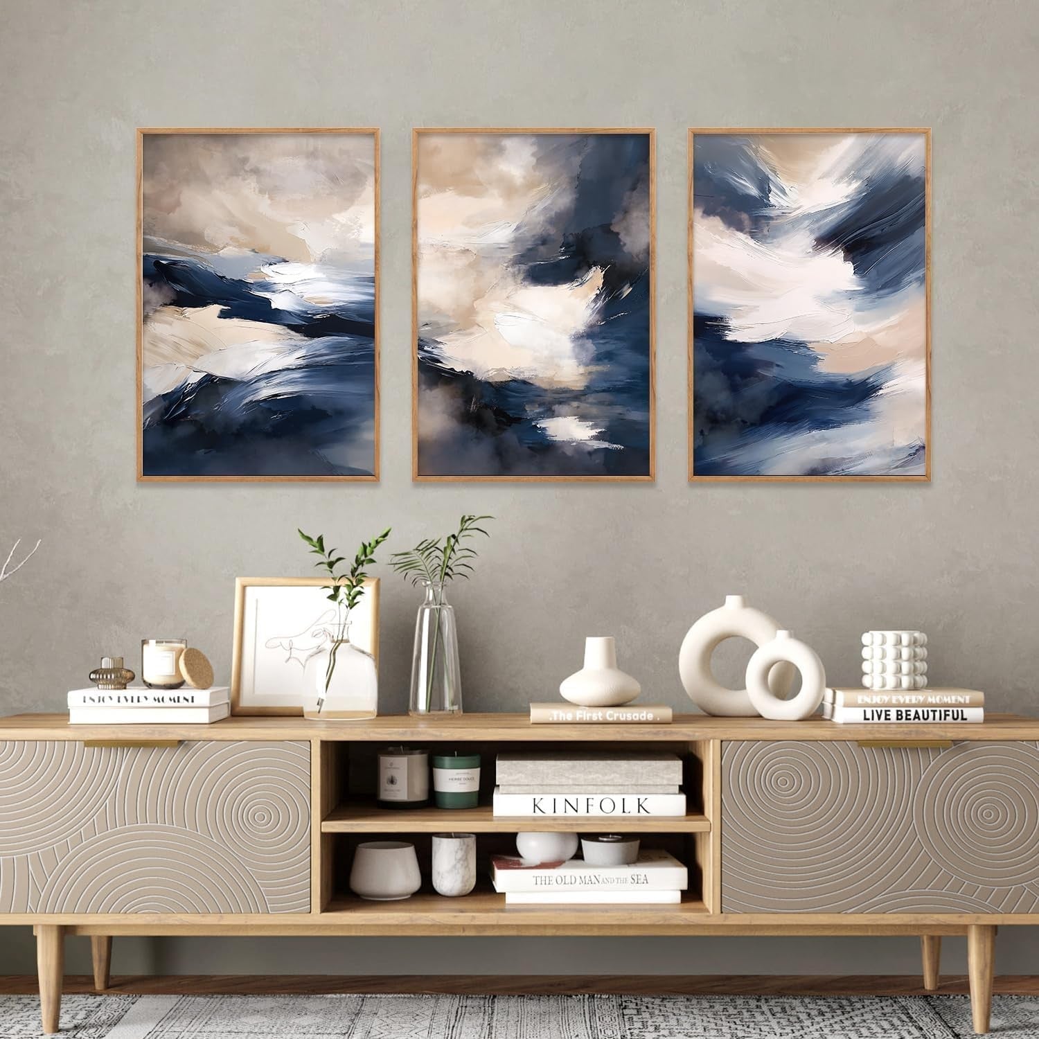 3 Panel Blue Abstract Canvas Wall Art 30x40cm Framed Set