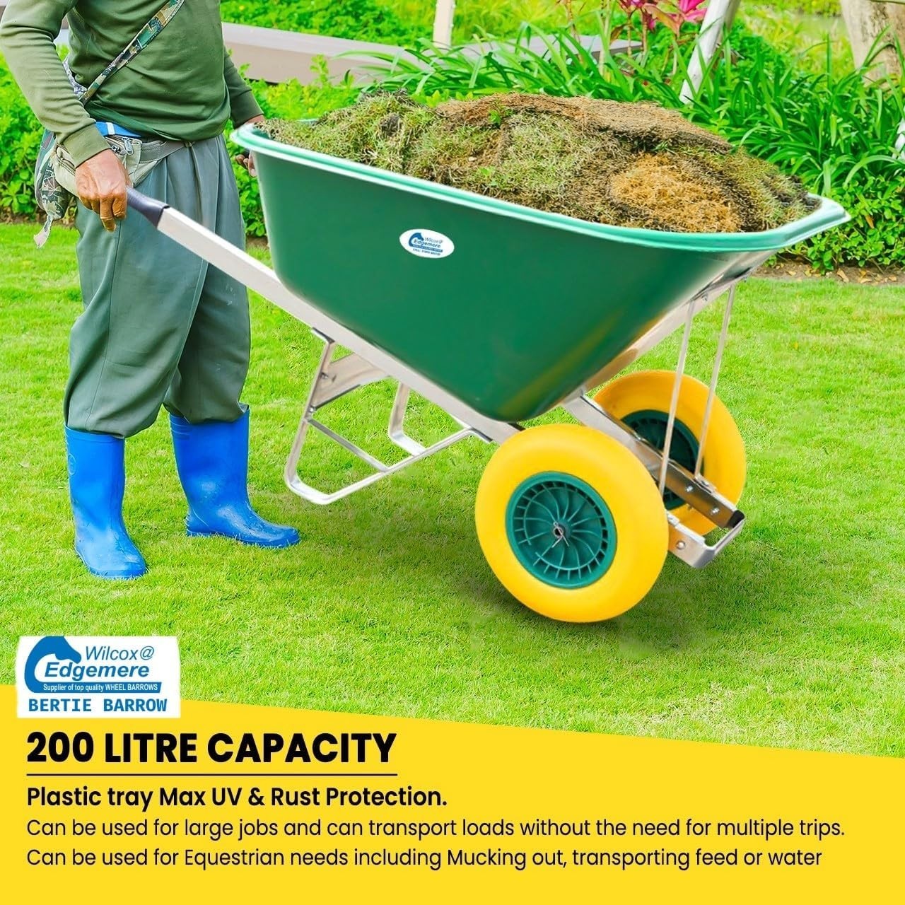 200L 1-Wheel Garden Wheelbarrow – Green – Galvanised Frame w/ PU Tyre 250kg Load