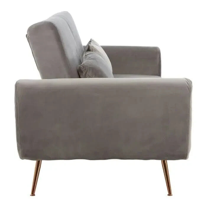 Grey Velvet 3-Seater Sofa Bed with Rose Gold Legs – Modern Pull Out Couch