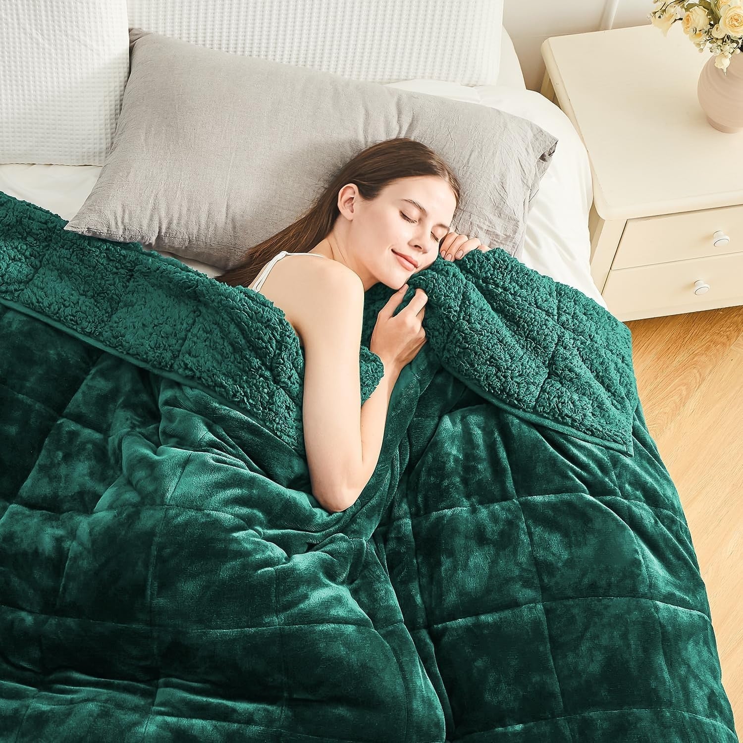 Weighted Blanket 15lb Sherpa Fleece Cozy Sleep Aid 60x80 Green Queen