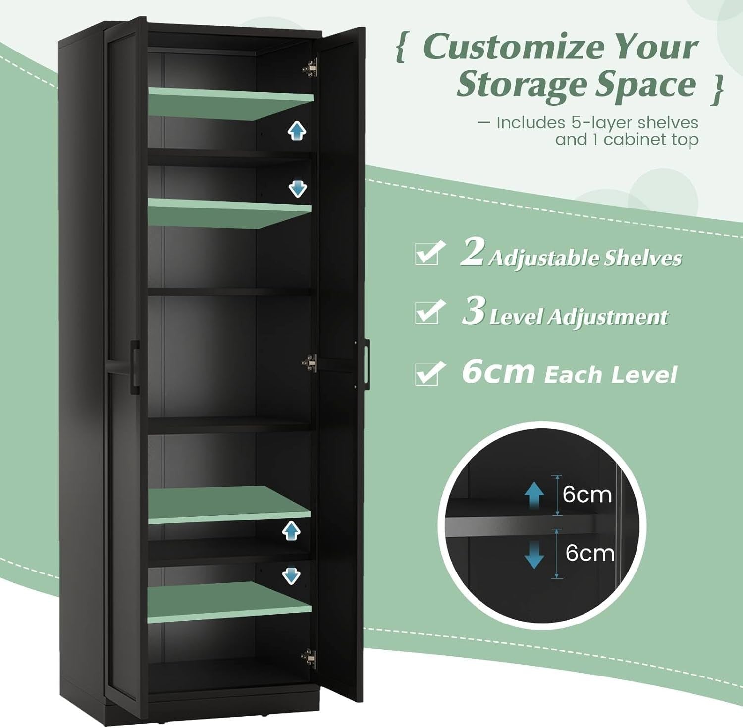 Tall Kitchen Cupboard 5-Tier Storage Cabinet 2 Doors Black