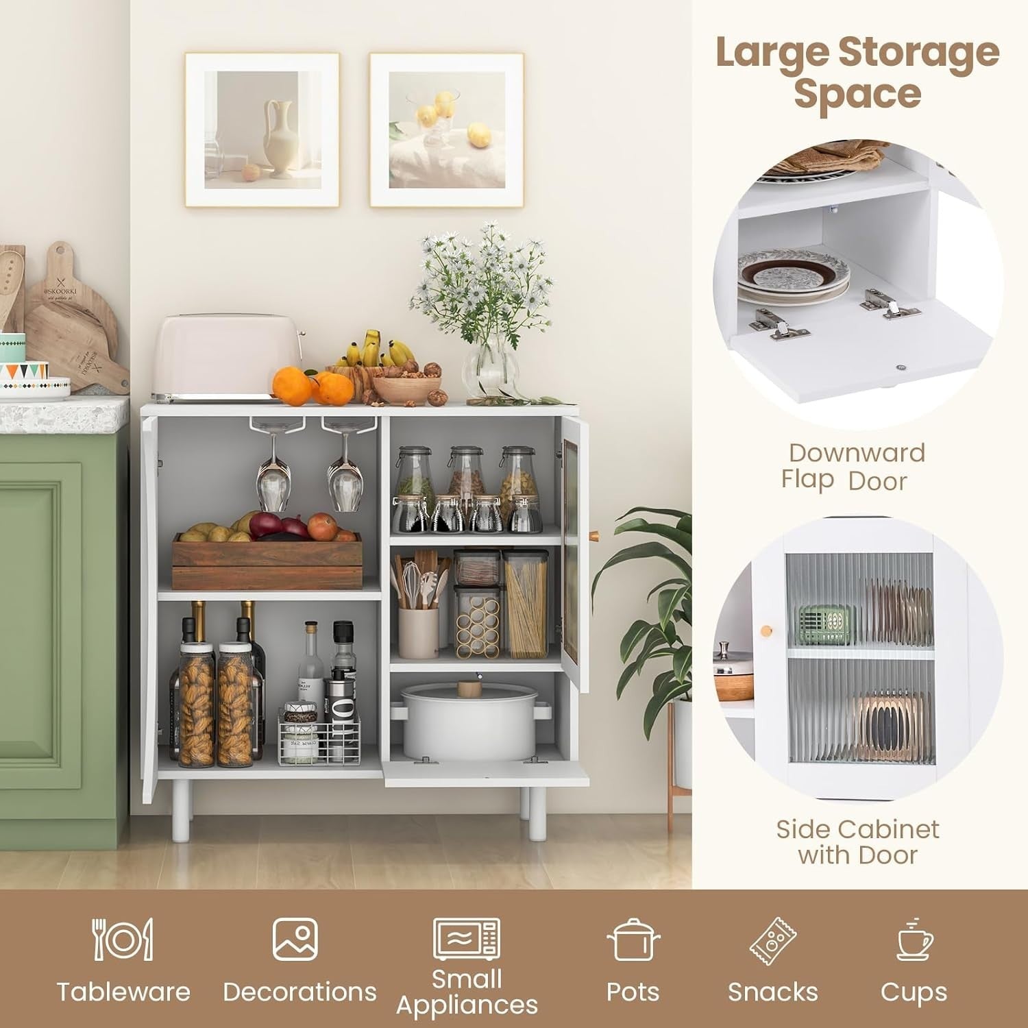 White Kitchen Buffet Sideboard 80cm Wooden Storage Cabinet Glass Doors
