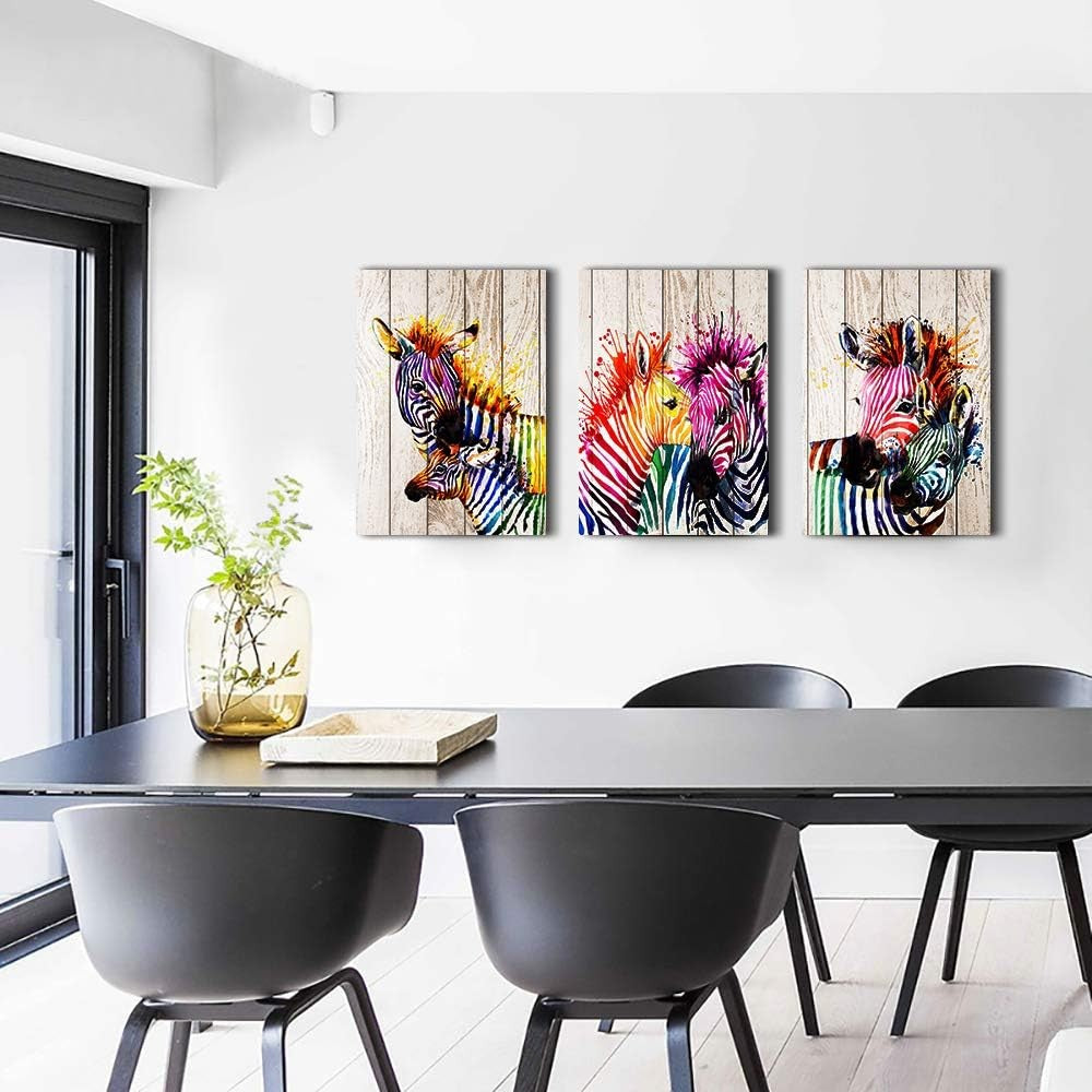 3Pcs Colorful Zebra Watercolor Canvas – Modern Animal Wall Art 12x16in