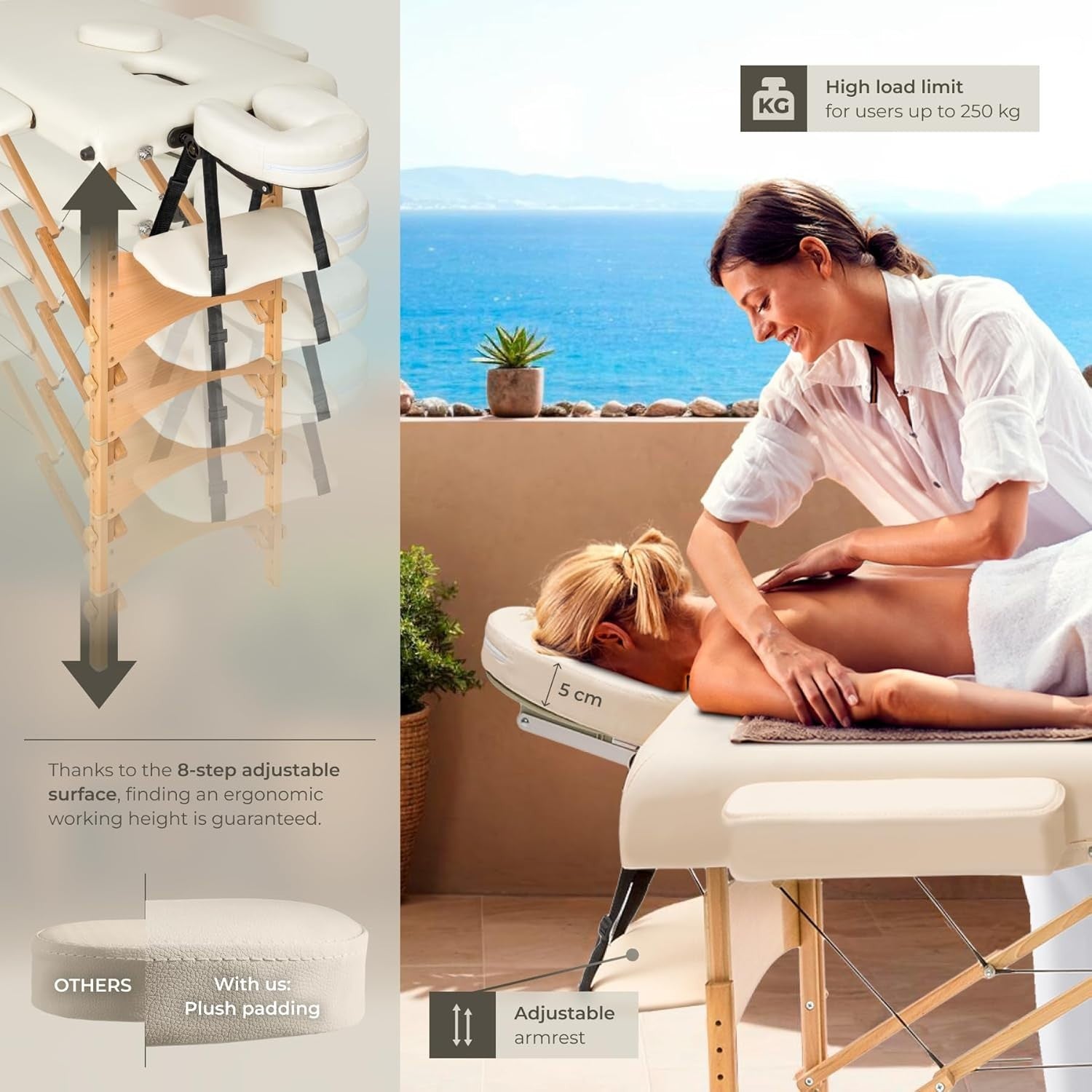 Portable Massage Table Foldable Beauty Therapy Bed 61cm Adjustable Beige