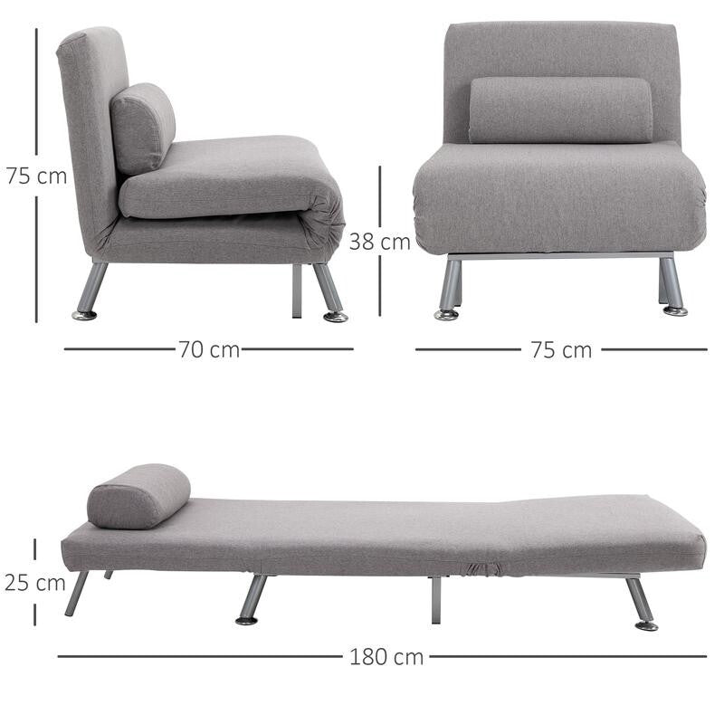 5-Position Folding Chair Bed Grey Guest Sofa Sleeper w/ Pillow & Suede Look
