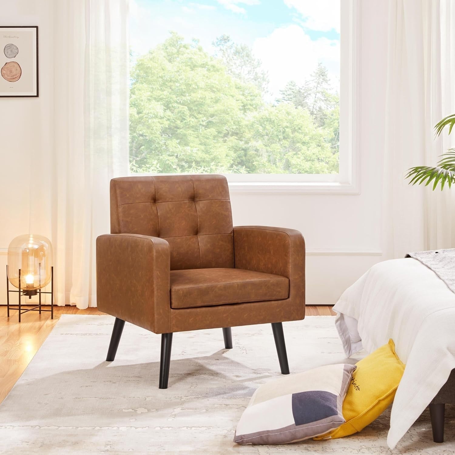 Retro Brown Tufted Accent Chair Mid Century Armchair for Lounge or Bedroom