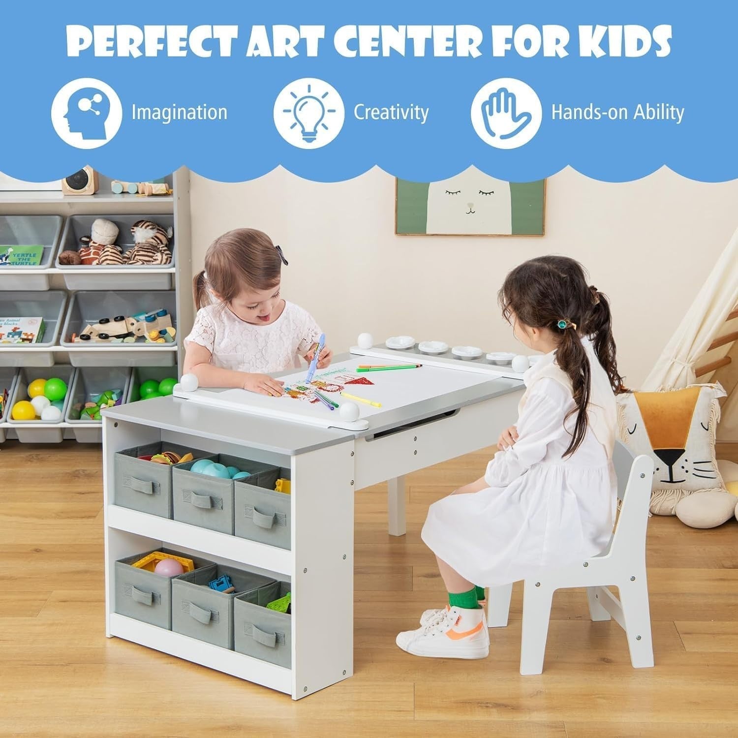 Kids 2-in-1 Art Table & Chair Set with Storage, Paper Roll & 2 Chairs, Grey