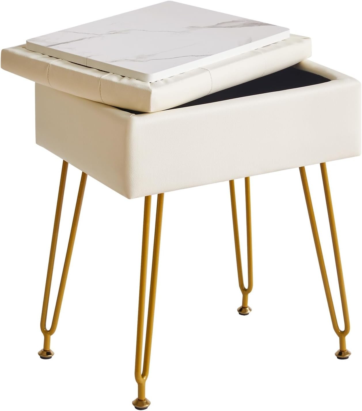 White PU Leather Vanity Stool with Storage & Flip Tabletop – Adjustable Legs