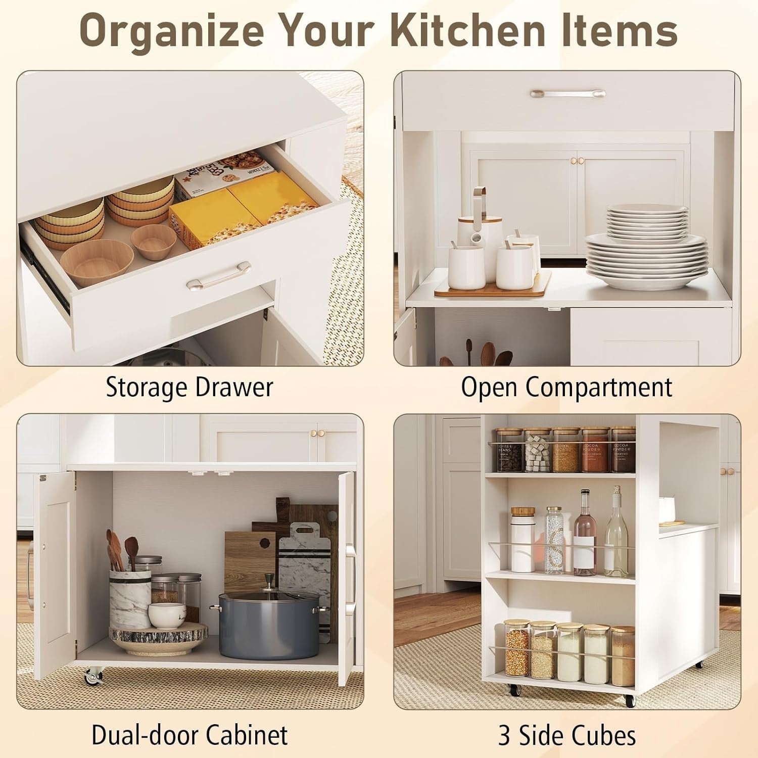 White Kitchen Island Trolley Cabinet Drawer Spice Rack