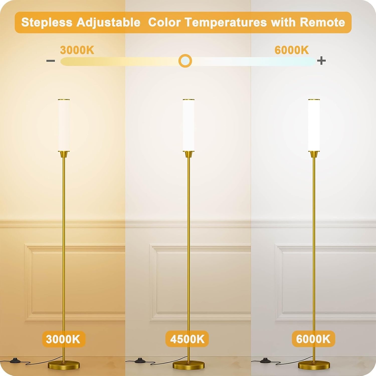 Dimmable LED Floor Lamp Remote Control Brass Gold Standing Corner Light