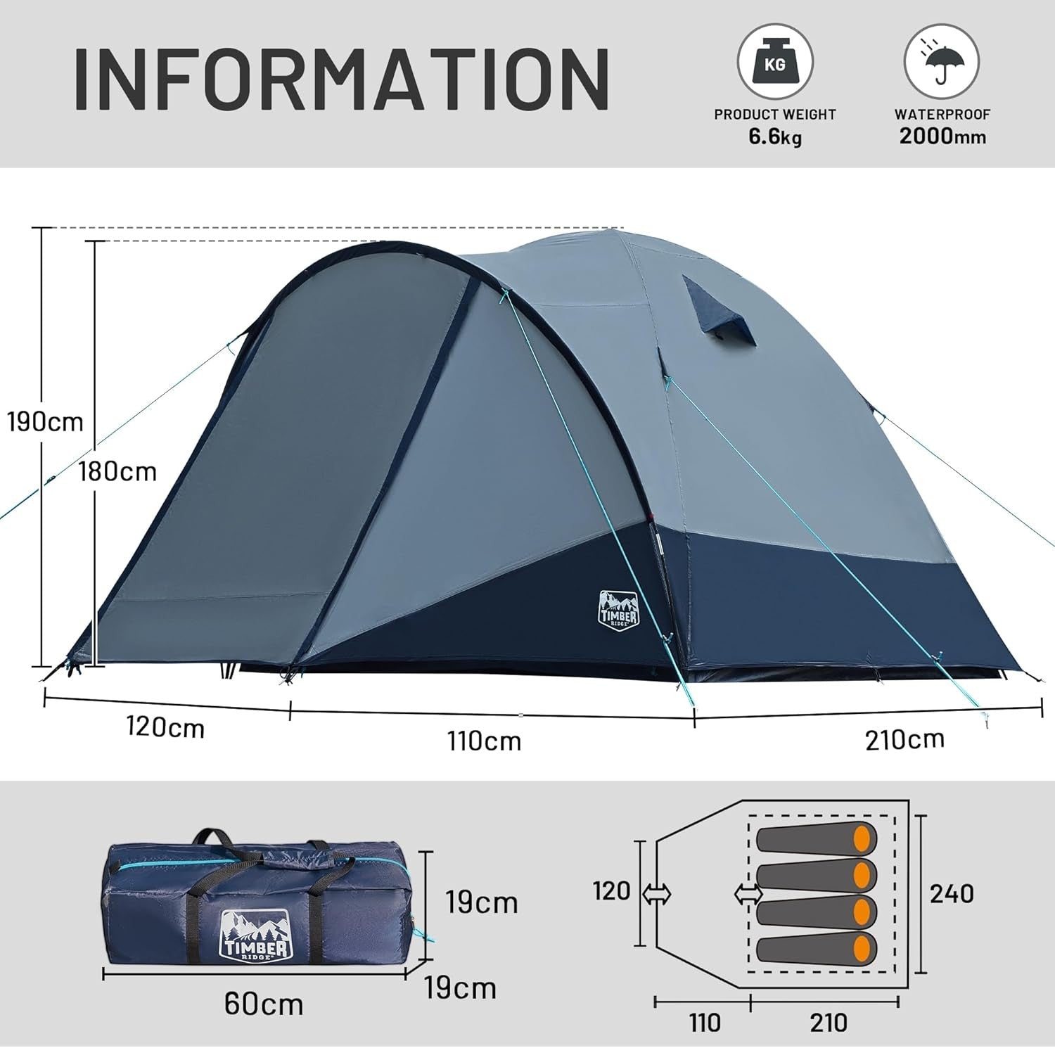4 Man Dome Camping Tent Waterproof 190cm Standing Height