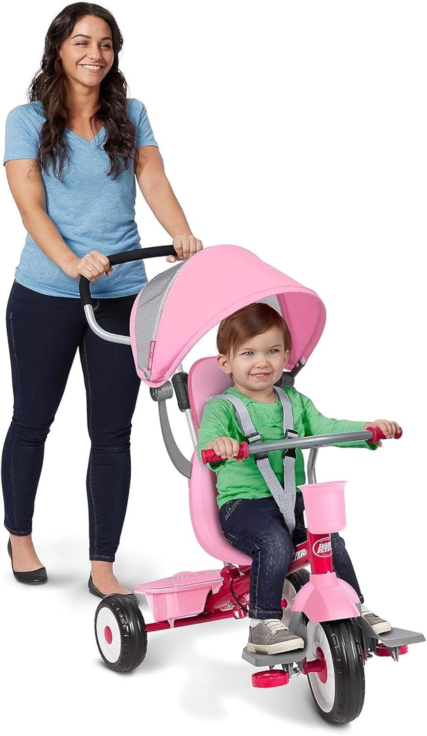 4 in 1 Toddler Tricycle Push Trike w Canopy Parent Handle Pink