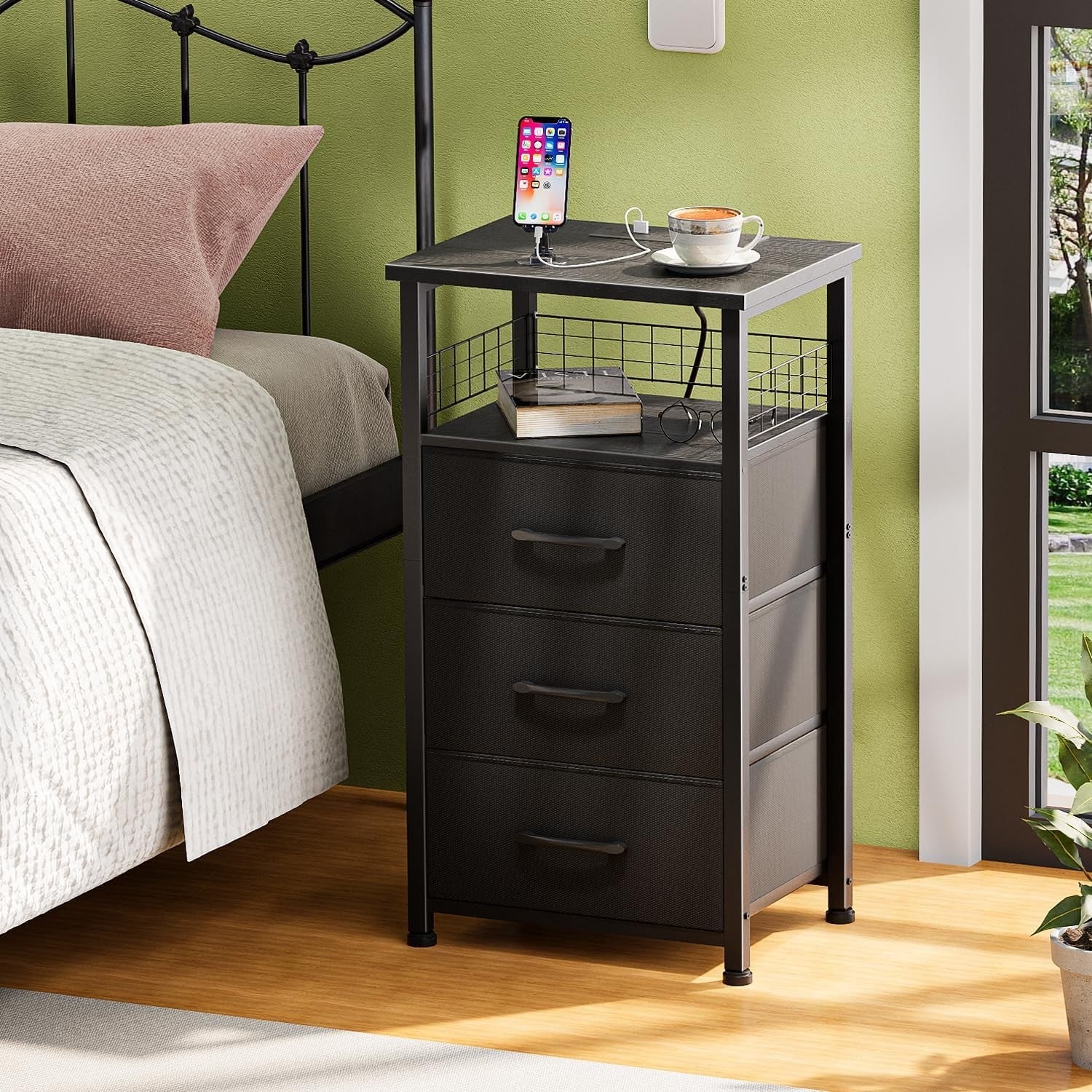 Set of 2 Black LED Bedside Tables with 3 Drawers, USB Ports & Power Outlets