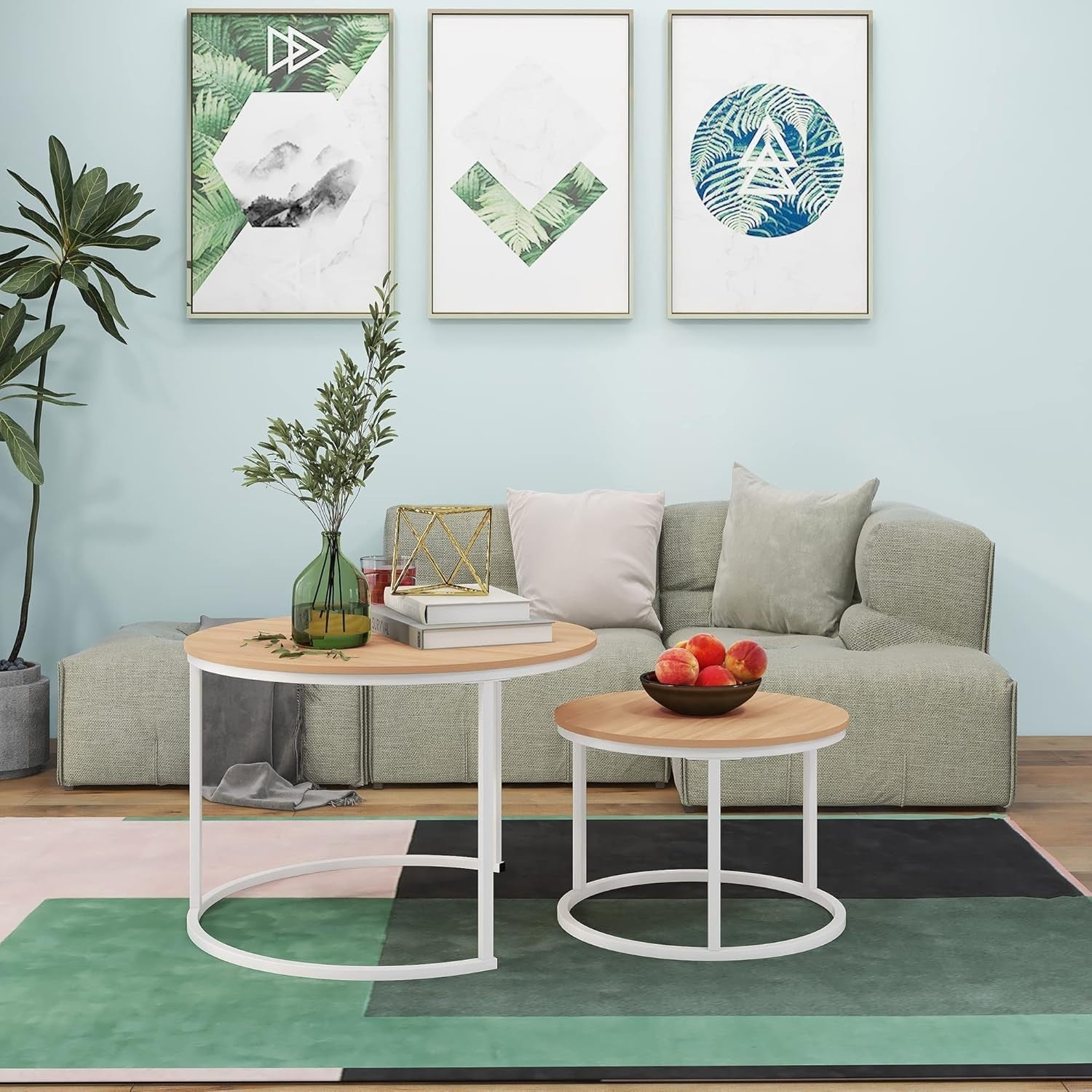 Set of 2 Round Coffee Table End Side Tables Stackable Storage Easy Assembly