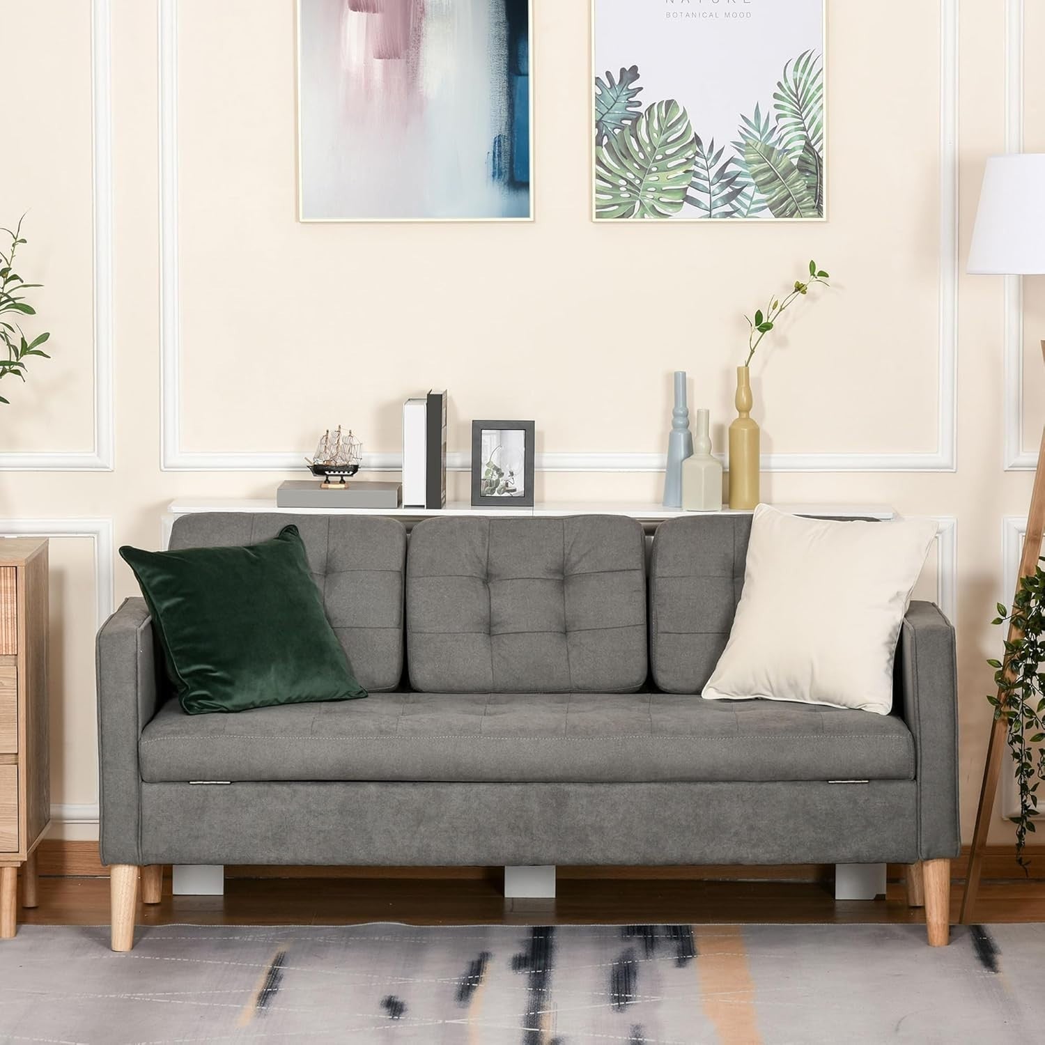 3 Seater Grey Sofa Bed Couch Modern Fabric Tufted with Storage Chest