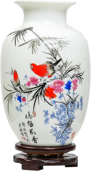 Chinese Porcelain Flower Vase Hand Painted Bird Floral White Ceramic 22cm