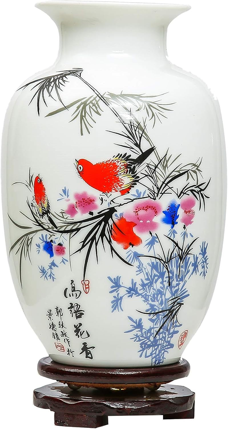 Chinese Porcelain Flower Vase Hand Painted Bird Floral White Ceramic 22cm