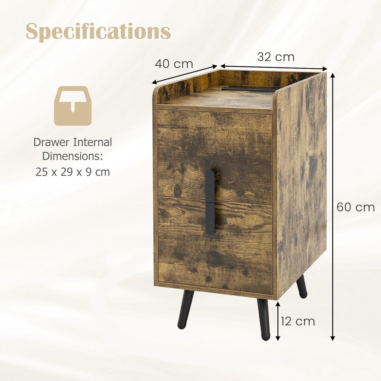 Slim Rustic Bedside Table with Charging Ports, 2-Drawer Narrow Nightstand
