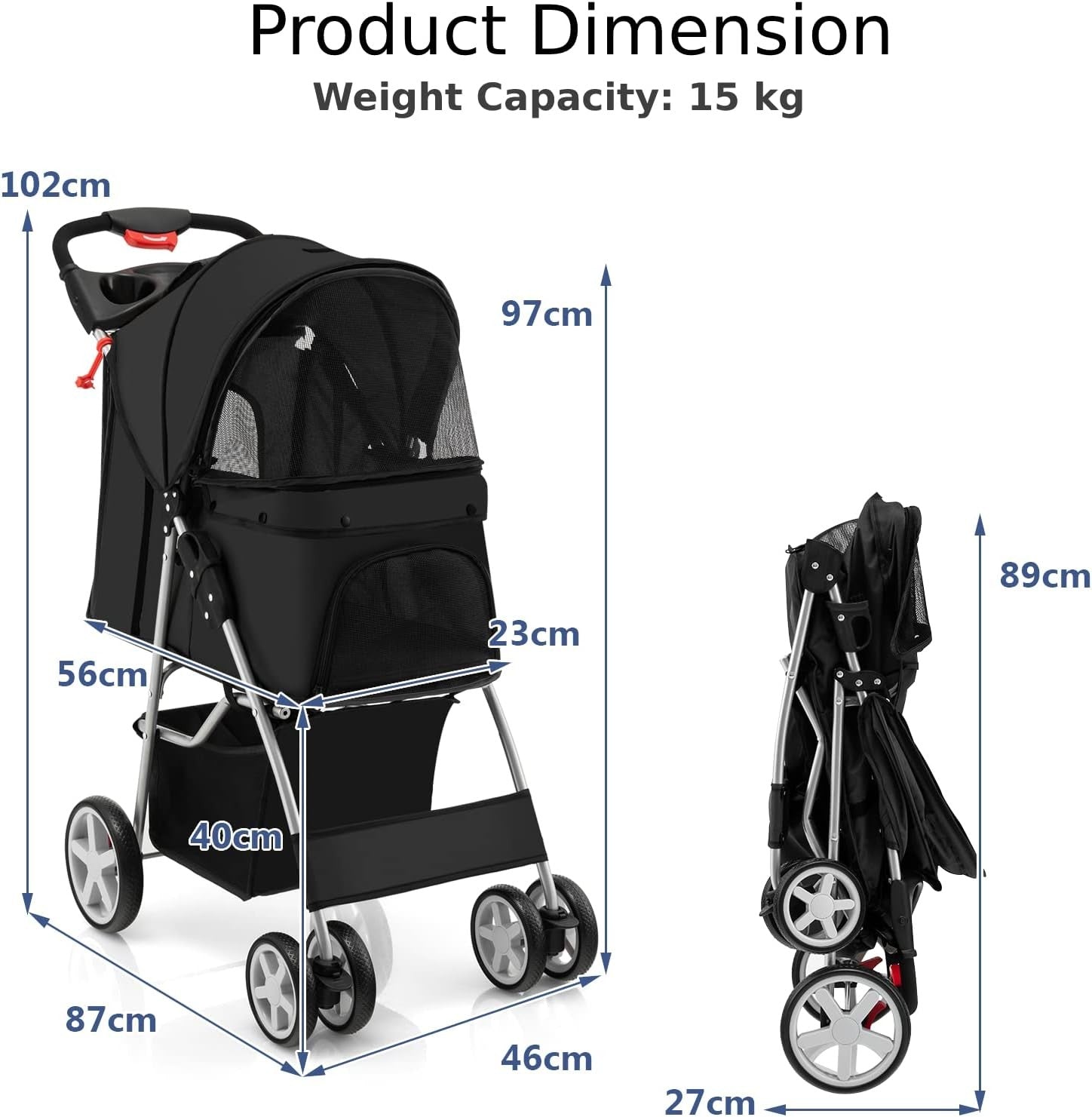Pet Stroller Foldable Dog Cat Pushchair 4 Wheels Small Medium 15kg