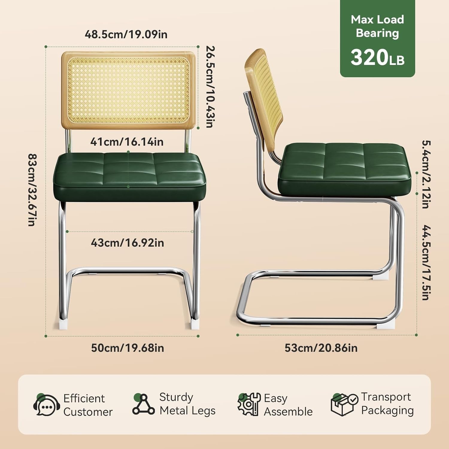 Green Dining Chairs Set of 4 Upholstered Rattan Back Modern Kitchen Chairs