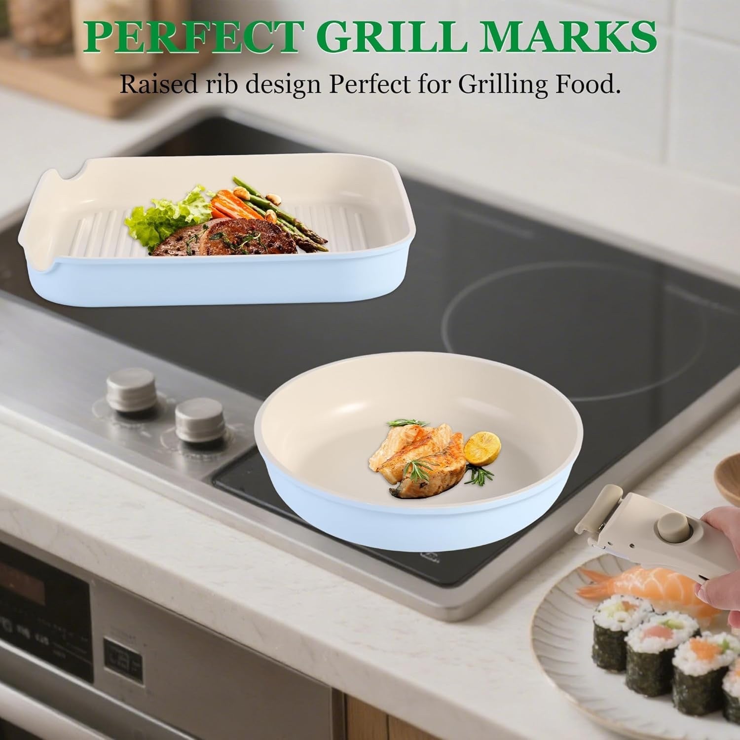 12pcs Blue Non Stick Cookware Set with Detachable Handle Induction Oven Safe